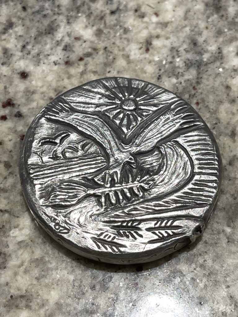 "Roots and Wings" Obverse 2.5"Ø 1/1. Ancient lost wax process - cast by Harrison Casting, Rhode Island. 1/1 in Fine Silver